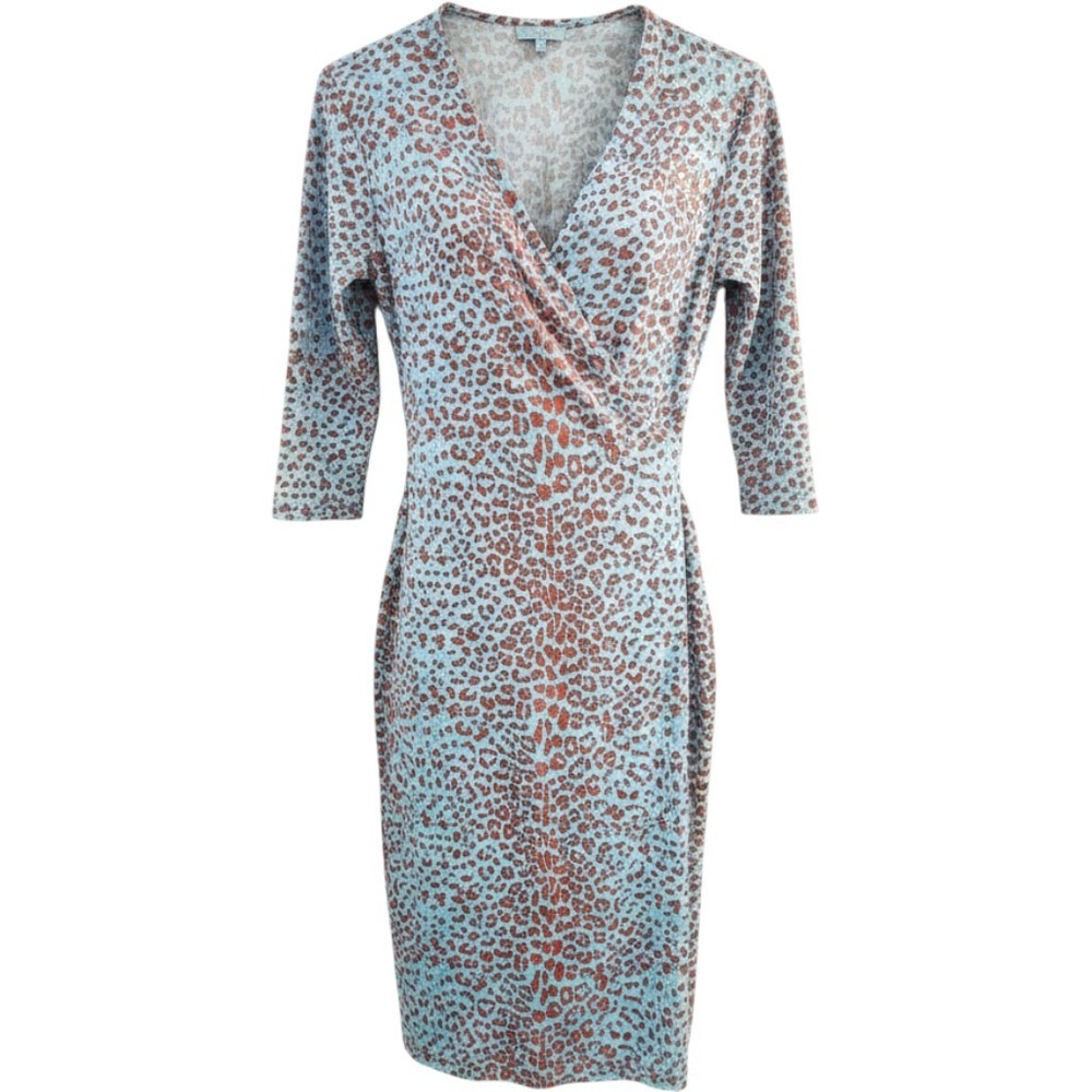 J.McLaughlin Blue Orange Leopard Catalina Cloth Faux Wrap Dress 3/4 Sleeve Med